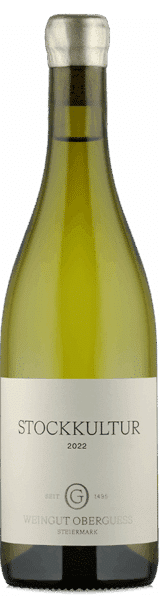 Eine klare Glasflasche mit hellgoldenem Chardonnay, verschlossen mit einer silbernen Kappe. Auf dem Etikett steht "oberGuess | 2022 Chardonnay Stockkultur BIO" in minimalistischer, eleganter Typografie.