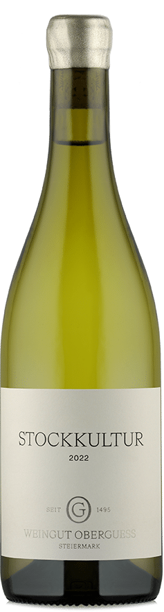 Eine klare Glasflasche mit hellgoldenem Chardonnay, verschlossen mit einer silbernen Kappe. Auf dem Etikett steht "oberGuess | 2022 Chardonnay Stockkultur BIO" in minimalistischer, eleganter Typografie.