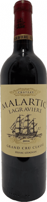 Eine Flasche Chateau Malartic Lagraviere 2014 Grand Cru Classé Pessac Leognan Rouge mit beigefarbenem Etikett mit detaillierter Schiffsdarstellung und goldgeprägten Akzenten.