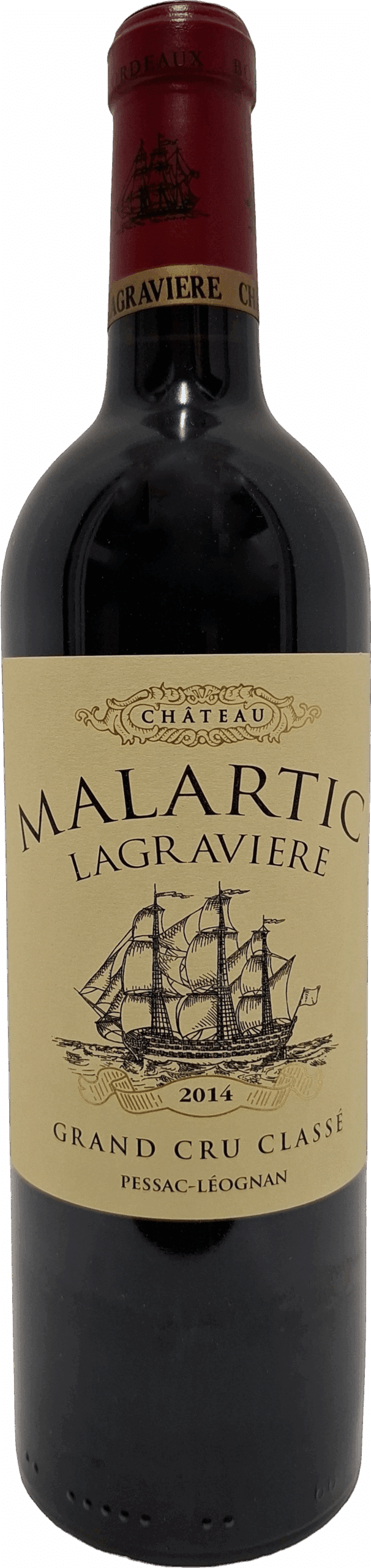 Eine Flasche Chateau Malartic Lagraviere 2014 Grand Cru Classé Pessac Leognan Rouge mit beigefarbenem Etikett mit detaillierter Schiffsdarstellung und goldgeprägten Akzenten.
