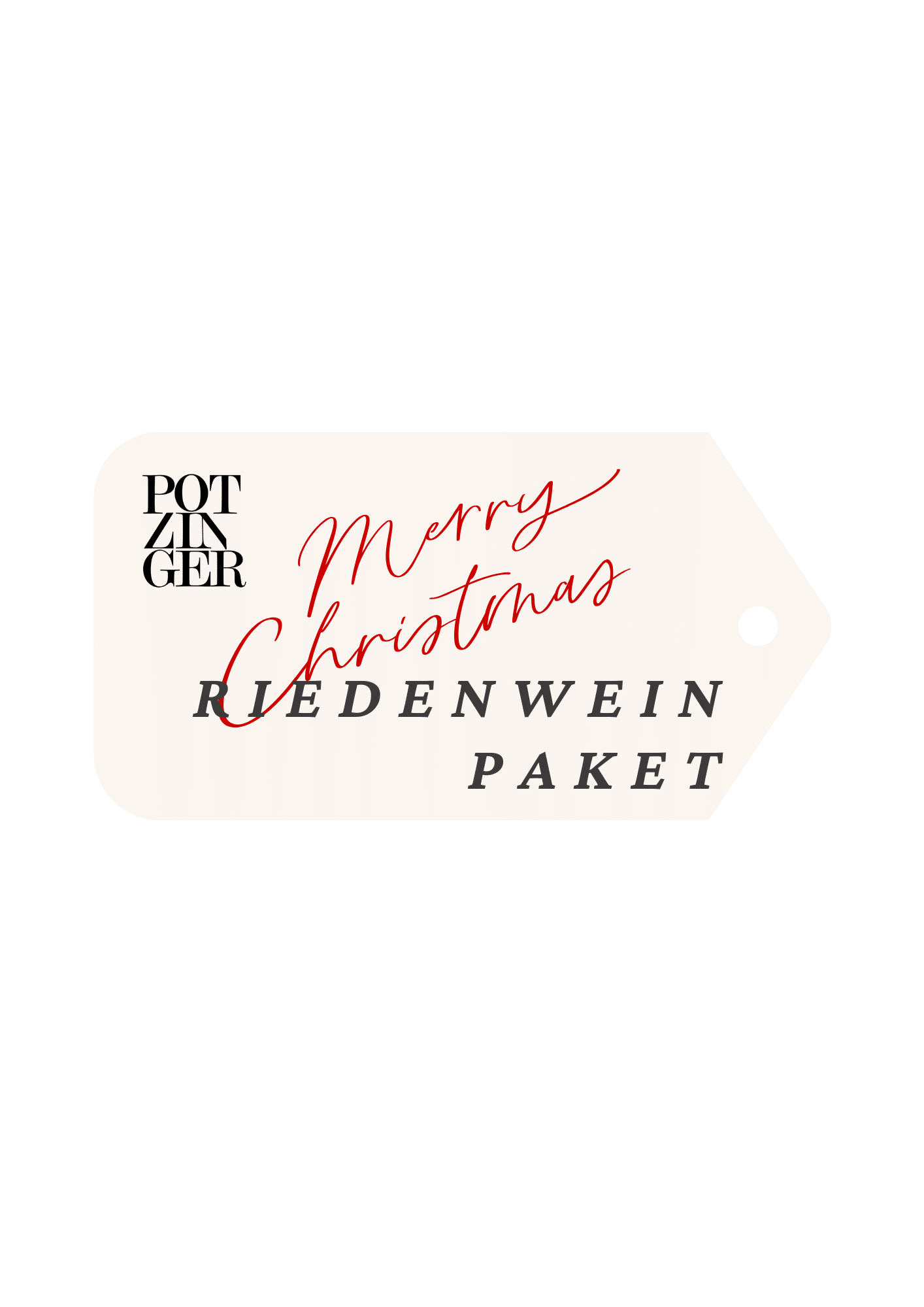 Auf einem blassrosa Geschenkanhänger mit schwarzem und rotem Text steht: "POTZINGER Frohe Weihnachten Riedenkiste | 3 Fl. | Holzkiste | INKL. VERSAND*." Der Anhänger hat auf der rechten Seite ein kleines Loch zum Anhängen.