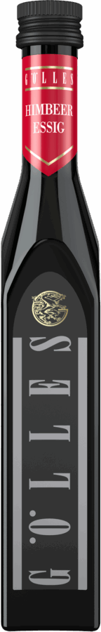 Eine dunkle Glasflasche von Gölles Himbeer Essig mit rotem Etikett und goldenem Emblem auf der Vorderseite.