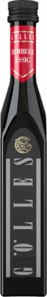 Eine dunkle Glasflasche von Gölles Himbeer Essig mit rotem Etikett und goldenem Emblem auf der Vorderseite.