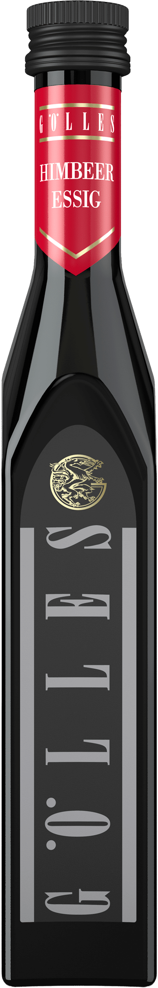 Eine dunkle Glasflasche von Gölles Himbeer Essig mit rotem Etikett und goldenem Emblem auf der Vorderseite.