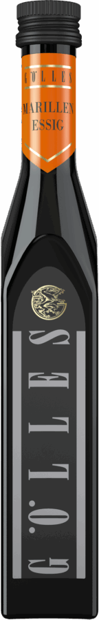 Eine Flasche aus dunklem Glas mit schwarzem Verschluss und orangefarbenem Etikett mit der Aufschrift "Marillen Essig" und "Gölles" in goldener und weißer Schrift. Die Flasche hat ein elegantes, modernes Design.