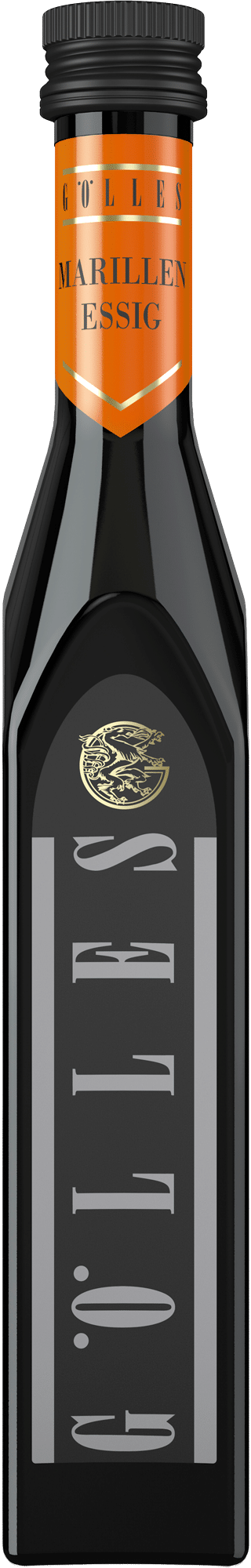 Eine Flasche aus dunklem Glas mit schwarzem Verschluss und orangefarbenem Etikett mit der Aufschrift "Marillen Essig" und "Gölles" in goldener und weißer Schrift. Die Flasche hat ein elegantes, modernes Design.