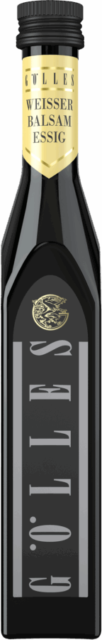 Eine Flasche aus dunklem Glas mit einem gold-beigen Etikett mit der Aufschrift "Gölles Weisser Balsam Essig". Die Flasche hat eine schwarze Kappe und ein modernes, rechteckiges Design mit minimalistischem Branding.