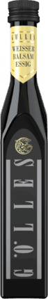 Eine Flasche aus dunklem Glas mit einem gold-beigen Etikett mit der Aufschrift "Gölles Weisser Balsam Essig". Die Flasche hat eine schwarze Kappe und ein modernes, rechteckiges Design mit minimalistischem Branding.
