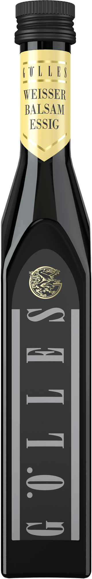 Eine Flasche aus dunklem Glas mit einem gold-beigen Etikett mit der Aufschrift "Gölles Weisser Balsam Essig". Die Flasche hat eine schwarze Kappe und ein modernes, rechteckiges Design mit minimalistischem Branding.