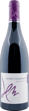 Eine Flasche Heresztyn Mazzini 2020 Gevrey-Chambertin Les Champonnets Grand Cru mit einem violetten Folienverschluss und einem weißen Etikett mit violetter Schrift und Text.