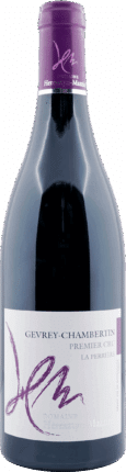 Eine Flasche Heresztyn Mazzini | 2020 Gevrey Chambertin Premier Cru La Perriere Rotwein mit lila Folienverschluss und weißem Etikett mit lila und grauem Text und Unterschrift.