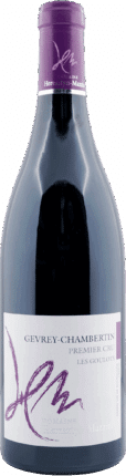 Eine Flasche des Rotweins Heresztyn Mazzini | 2020 Gevrey Chambertin Premier Cru Les Goulots mit violettem Folienverschluss und weißem Etikett mit violettem Text und Unterschrift.