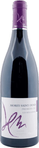 Eine Flasche Heresztyn Mazzini | 2020 Morey Saint Denis Premier Cru Les Millandes, mit violetter Kapsel und weißem Etikett mit Signatur.