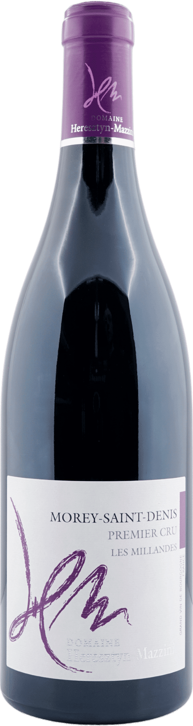 Eine Flasche Heresztyn Mazzini | 2020 Morey Saint Denis Premier Cru Les Millandes, mit violetter Kapsel und weißem Etikett mit Signatur.