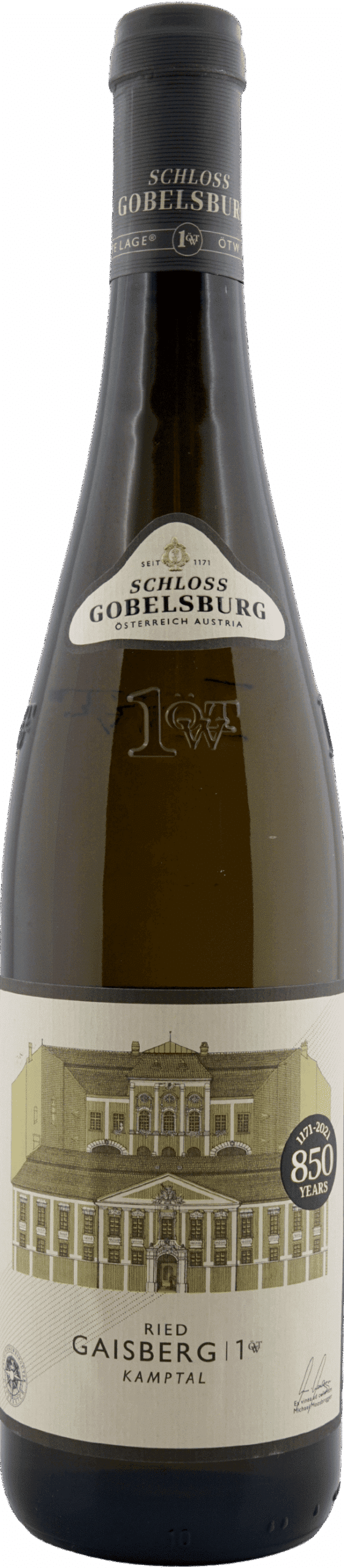 Eine Flasche Schloss GOBELSBURG 2023 Riesling Ried Gaisberg Erste Lage 1ÖTW Kamptal DAC, mit beige-goldenem Etikett, auf dem ein Gebäude abgebildet ist und die Plakette "850 Jahre".