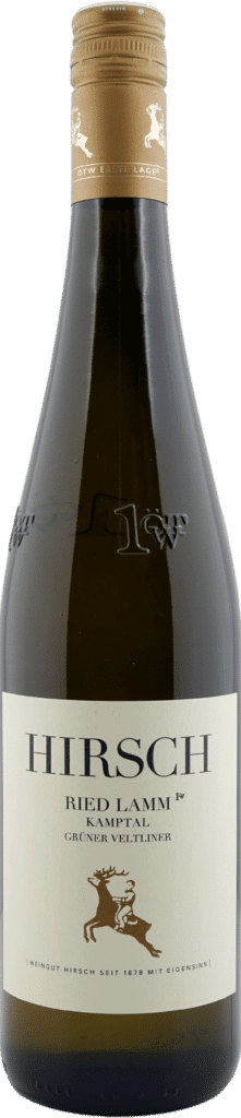 Eine Flasche Hirsch | 2023 Grüner Veltliner Ried Lamm 1ÖTW Kamptal DAC Weißwein mit beigem Verschluss und einem Etikett mit schwarzer Schrift und goldenem Hirsch-Logo.