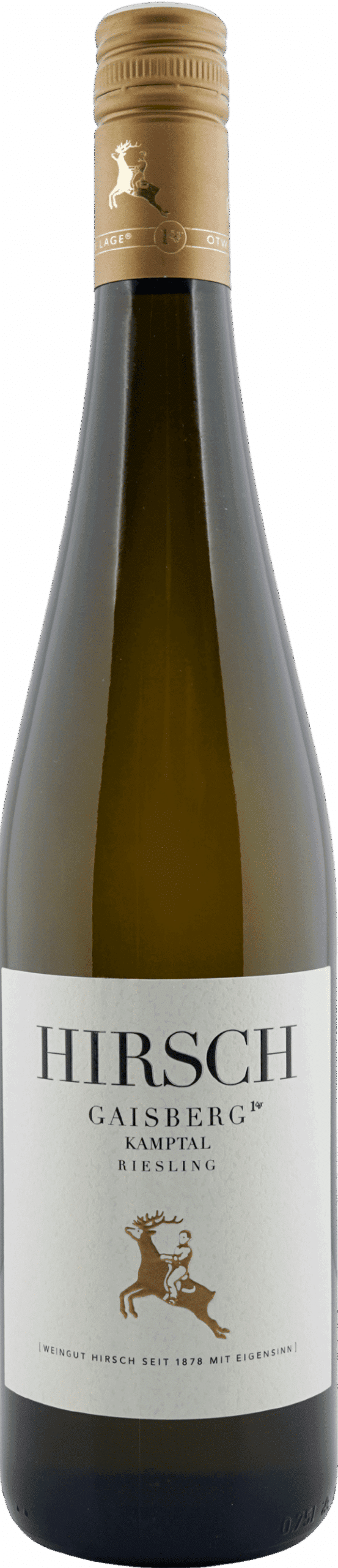 Hohe grüne Weinflasche mit goldener Kappe und weißem Etikett mit der Aufschrift "Hirsch | 2023 Riesling Ried Zöbinger Gaisberg 1ÖTW Kamptal DAC", mit einer Zeichnung von zwei Hirschen am Boden.