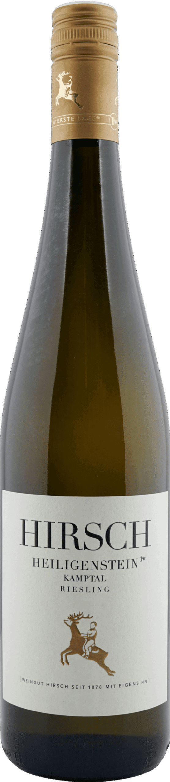 Eine Flasche Hirsch 2017 Riesling Ried Zöbinger Heiligenstein Kamptal DAC mit einem goldenen Verschluss und einem weißen Etikett mit Hirsch-Logo und schwarzem Text.