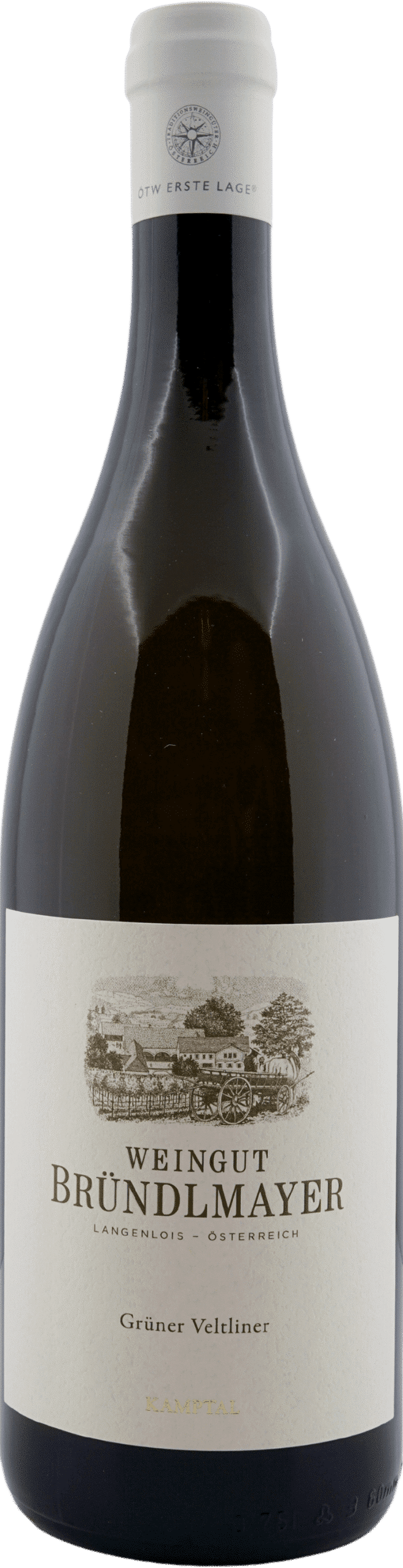 Eine Flasche Bründlmayer | 2024 Grüner Veltliner Alte Reben BIO Weißwein mit einem weißen Etikett, das einen Weinberg und die Gebäude des Weinguts zeigt, akzentuiert durch goldene Schrift auf einem schlichten Hintergrund.