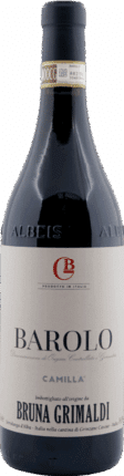 Eine Flasche Bruna Grimaldi | Camilla Barolo 2021 Rotwein mit cremefarbenem Etikett und goldenem DOCG-Siegel am Hals.