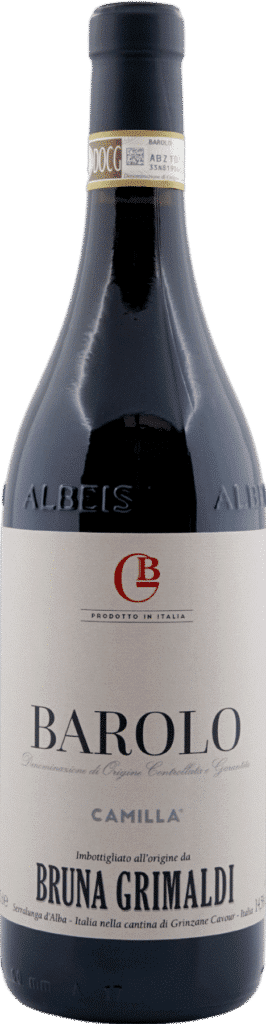 Eine Flasche Bruna Grimaldi | Camilla Barolo 2021 Rotwein mit cremefarbenem Etikett und goldenem DOCG-Siegel am Hals.