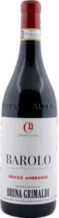 Eine Flasche Bruna Grimaldi | Bricco Ambrogio Barolo 2021, Rotwein mit rotem und weißem Etikett und goldenem DOCG-Siegel am Hals.