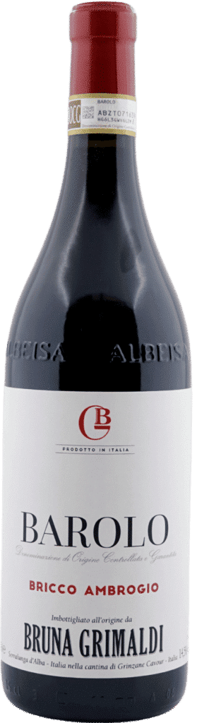 Eine Flasche Bruna Grimaldi | Bricco Ambrogio Barolo 2021, Rotwein mit rotem und weißem Etikett und goldenem DOCG-Siegel am Hals.
