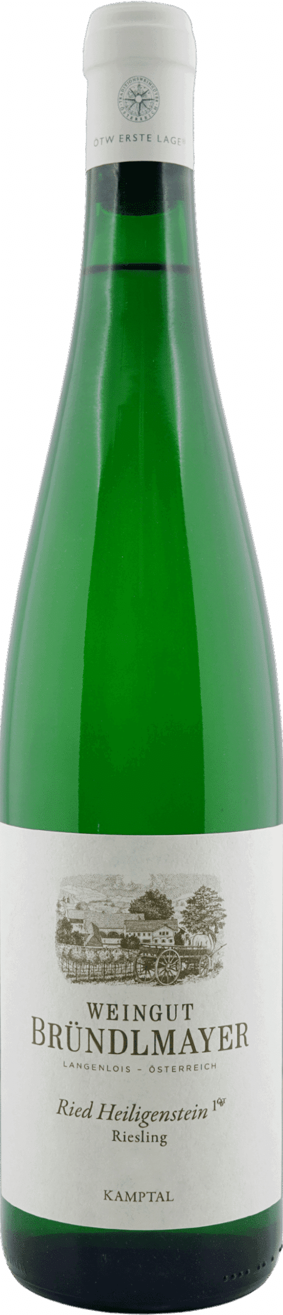 Eine grüne Weinflasche mit einem weißen Etikett mit der Aufschrift "Bründlmayer | 2024 Riesling Zöbinger Heiligenstein BIO" und einer Abbildung eines Weinbergs und von Gebäuden.