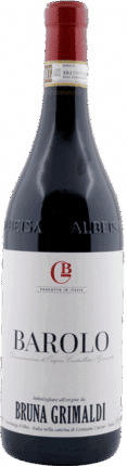 Eine Flasche Rotwein Bruna Grimaldi | Badarina Barolo 2021 mit rotem Verschluss und weißem Etikett mit schwarzem und rotem Text.