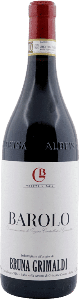Eine Flasche Rotwein Bruna Grimaldi | Badarina Barolo 2021 mit rotem Verschluss und weißem Etikett mit schwarzem und rotem Text.