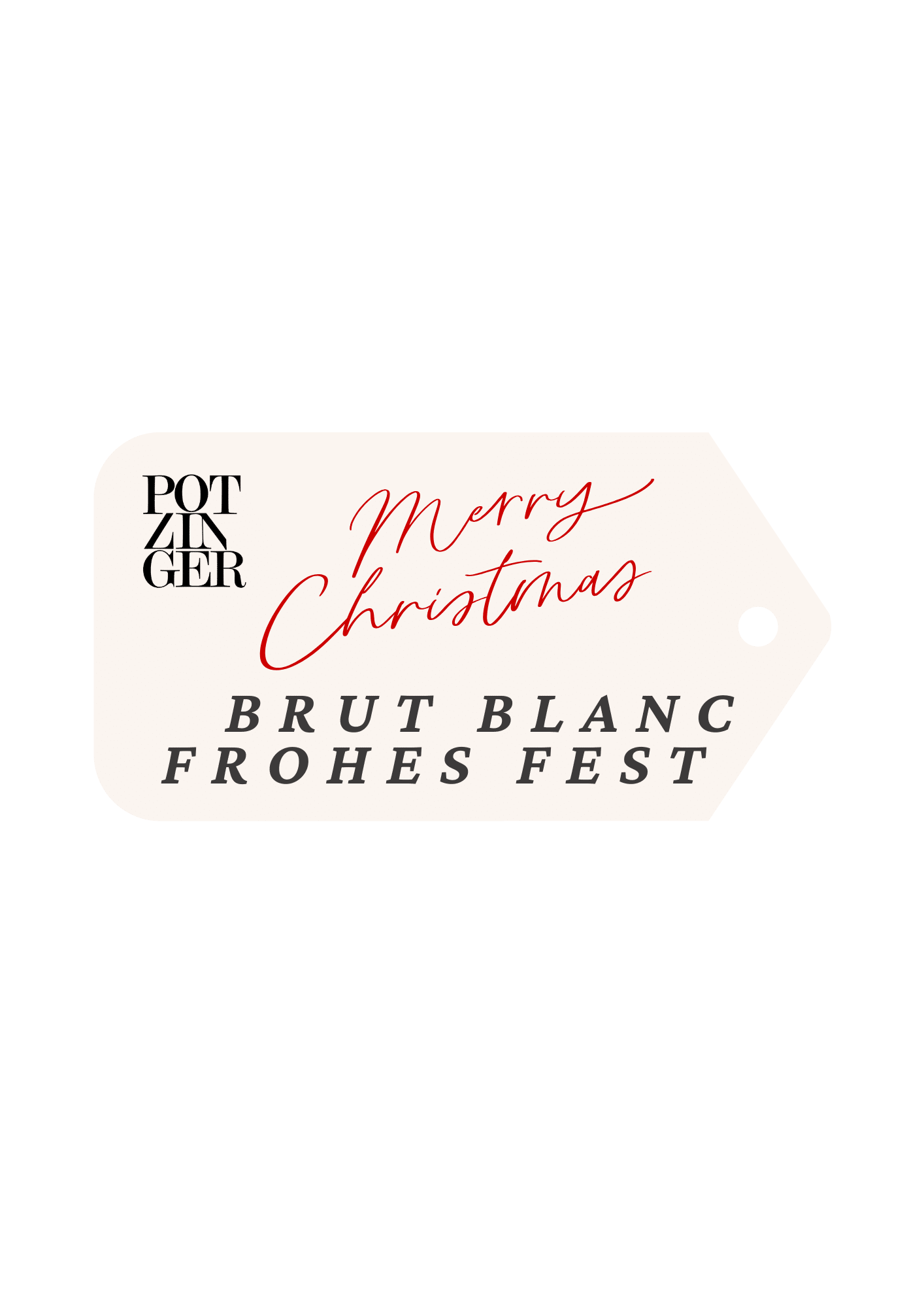 Ein Anhänger mit "Hommage 1860" oben links, "Frohe Weihnachten" in roter Schreibschrift in der Mitte und "SEKT BRUT BLANC METHODE TRADITIONNELLE" in schwarzen Großbuchstaben unten.