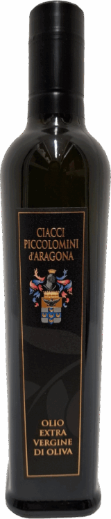 Eine dunkle Glasflasche von Olivenöl Olio Extravergine d'Oliva Biologico (0,5l) mit einem Wappen auf dem Etikett.