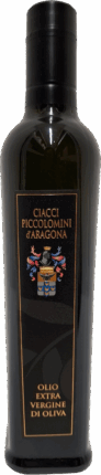 Eine dunkle Glasflasche von Olivenöl Olio Extravergine d'Oliva Biologico (0,5l) mit einem Wappen auf dem Etikett.