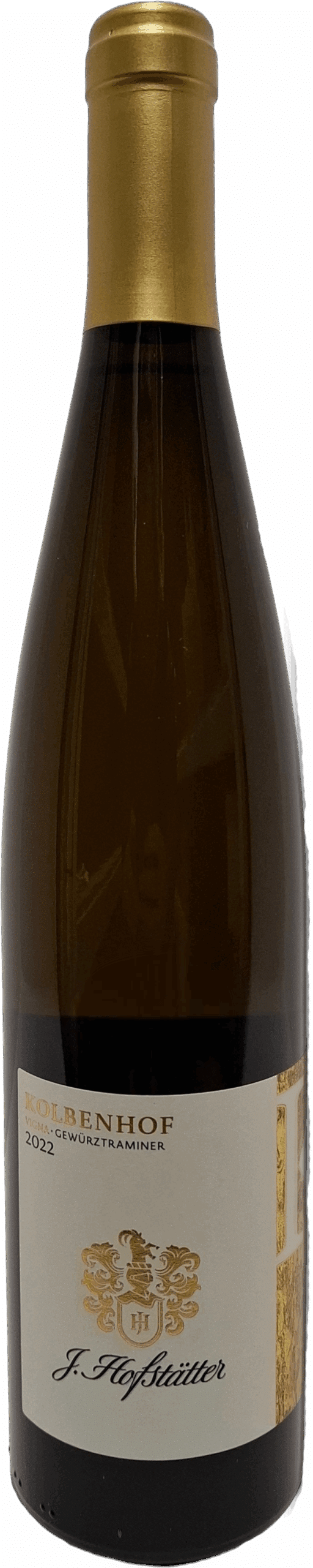 Eine Flasche J. Hofstätter Kolbenhof Vigna Gewürztraminer Südtirol mit Goldfolienverschluss und cremefarbenem Etikett mit dem J. Hofstätter-Logo.