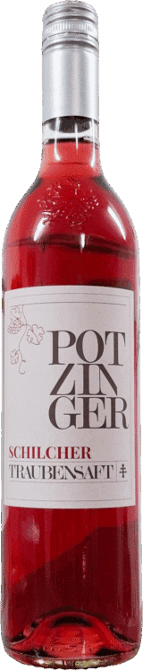 Eine Klarglasflasche Steirischer Schilcher Traubensaft (0,75 l), ein rosafarbener Traubensaft, mit einem silbernen Verschluss und einem weißen Etikett mit fettgedruckter Schrift und einer kleinen Traubenillustration.