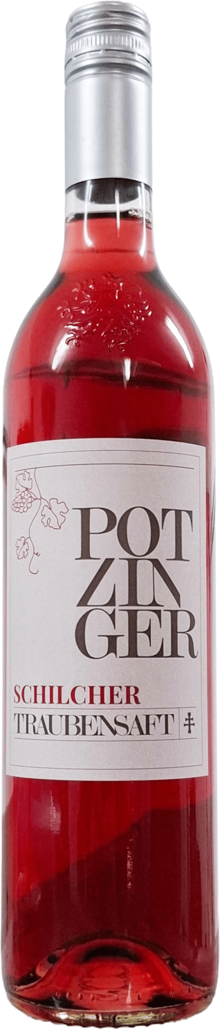 Eine Klarglasflasche Steirischer Schilcher Traubensaft (0,75 l), ein rosafarbener Traubensaft, mit einem silbernen Verschluss und einem weißen Etikett mit fettgedruckter Schrift und einer kleinen Traubenillustration.