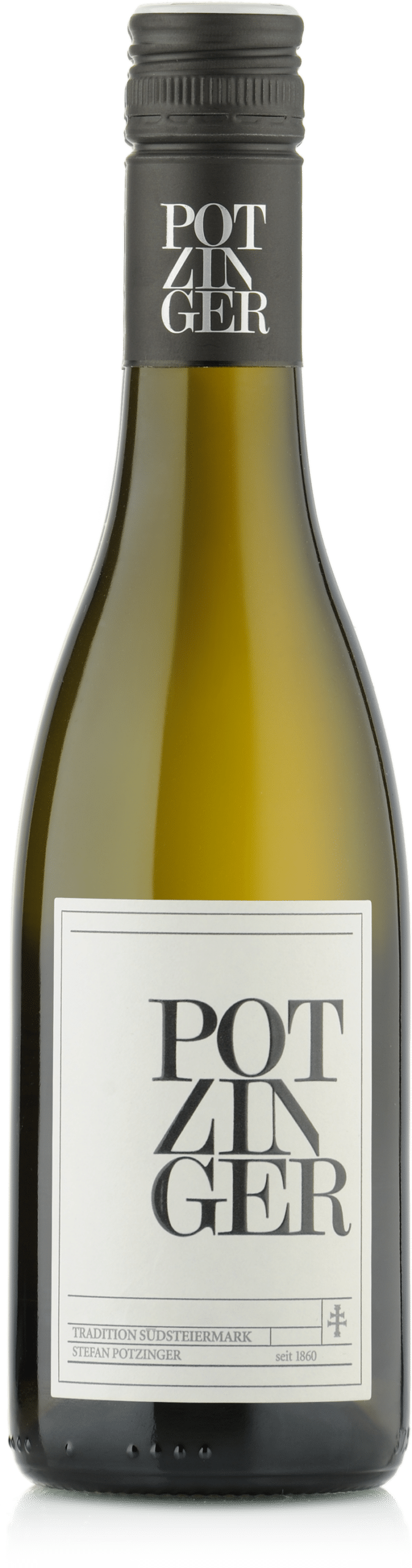 Eine 0,375-Liter-Flasche schwarzem Verschluss und weißem Etikett mit moderner, schwarzer Schrift.