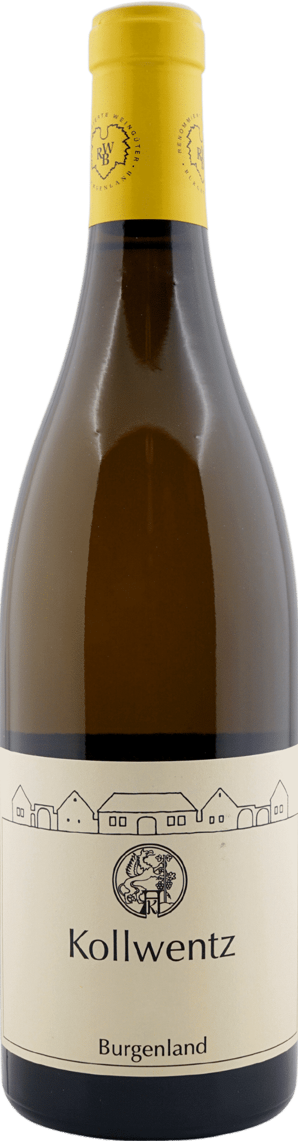Eine Flasche Kollwentz | 2022 Ried Tatschler Chardonnay mit gelbem Verschluss und cremefarbenem Etikett mit einer Strichzeichnung von Gebäuden und dem Logo.
