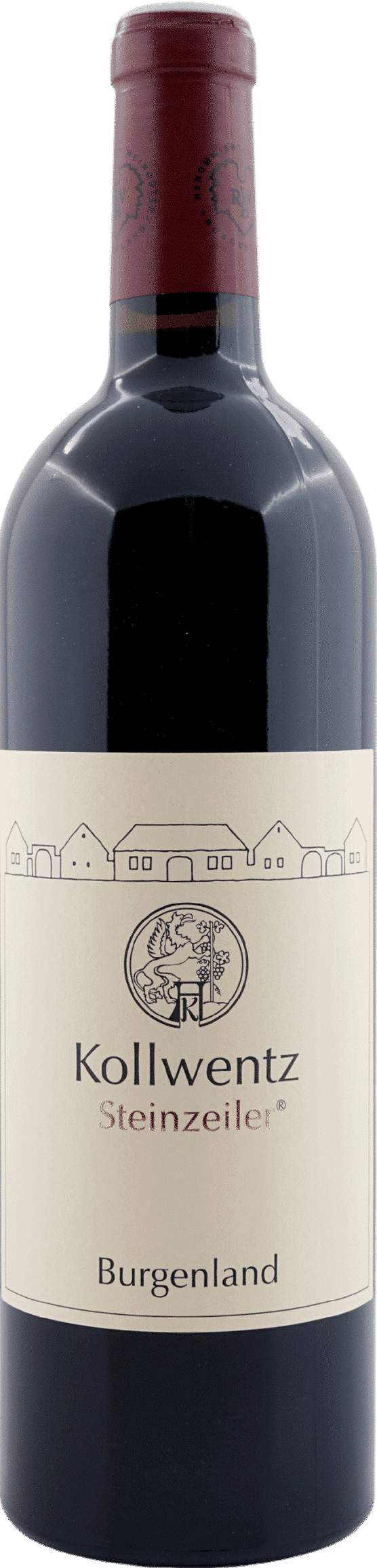 Eine Flasche Kollwentz | 2021 Steinzeiler Rotwein aus dem Burgenland, mit cremefarbenem Etikett und rotem Folienverschluss.