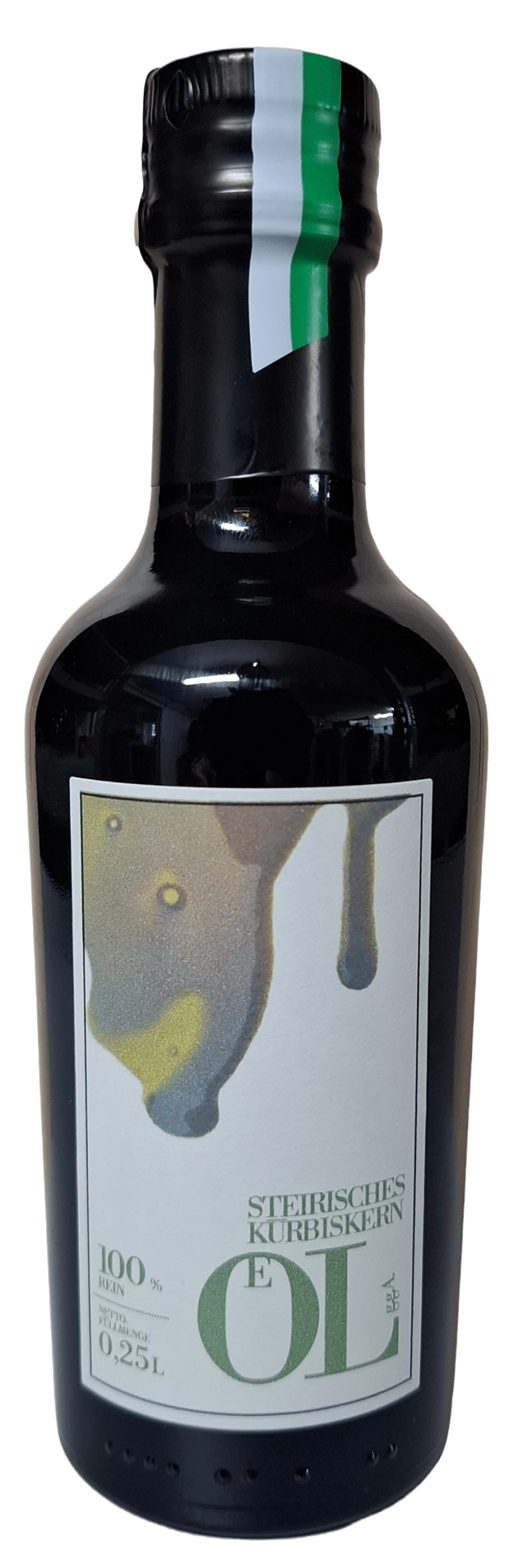 Eine 0,25l Flasche Steirisches Kürbiskernöl g.g.A. mit schwarzem Körper und weißem Etikett.