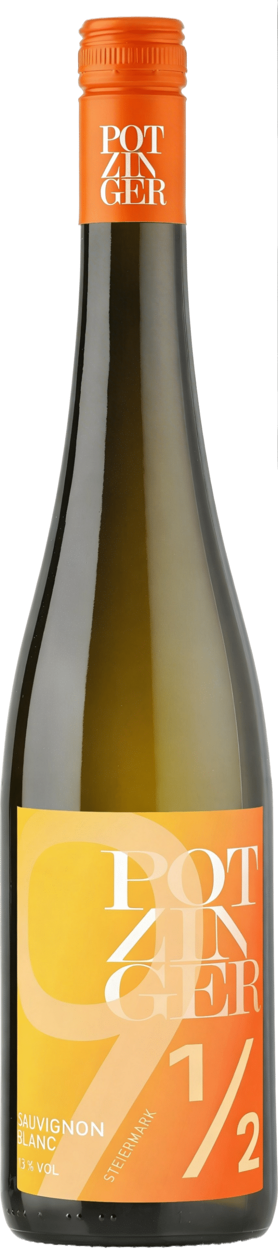 Eine Flasche 2025 Sauvignon Blanc "9,5" Steiermark mit orangefarbenem Verschluss und modernem orange-gelben Etikett mit "9 1/2" und "13% VOL.